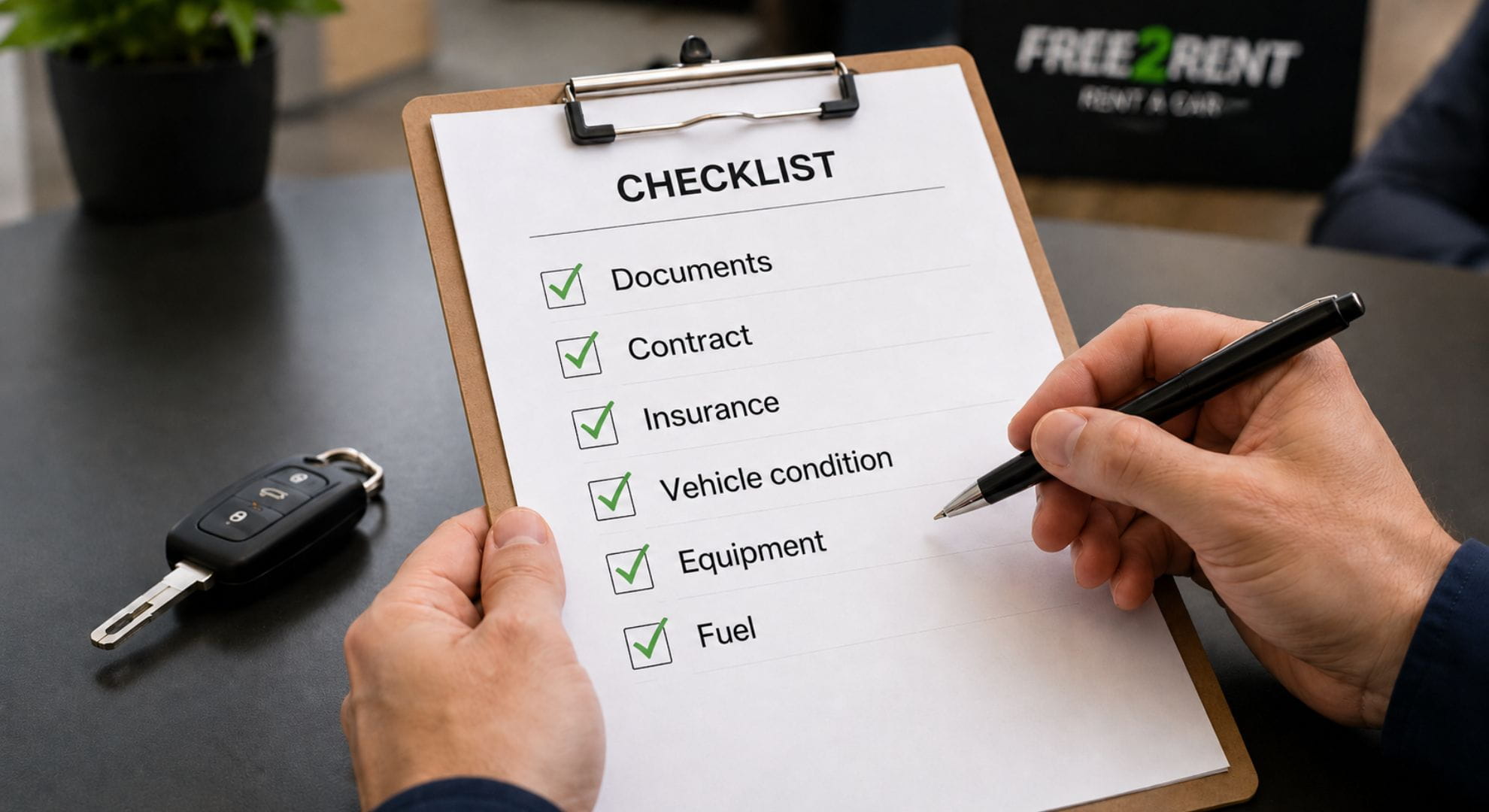 Rental car pickup checklist with documents, insurance and vehicle condition